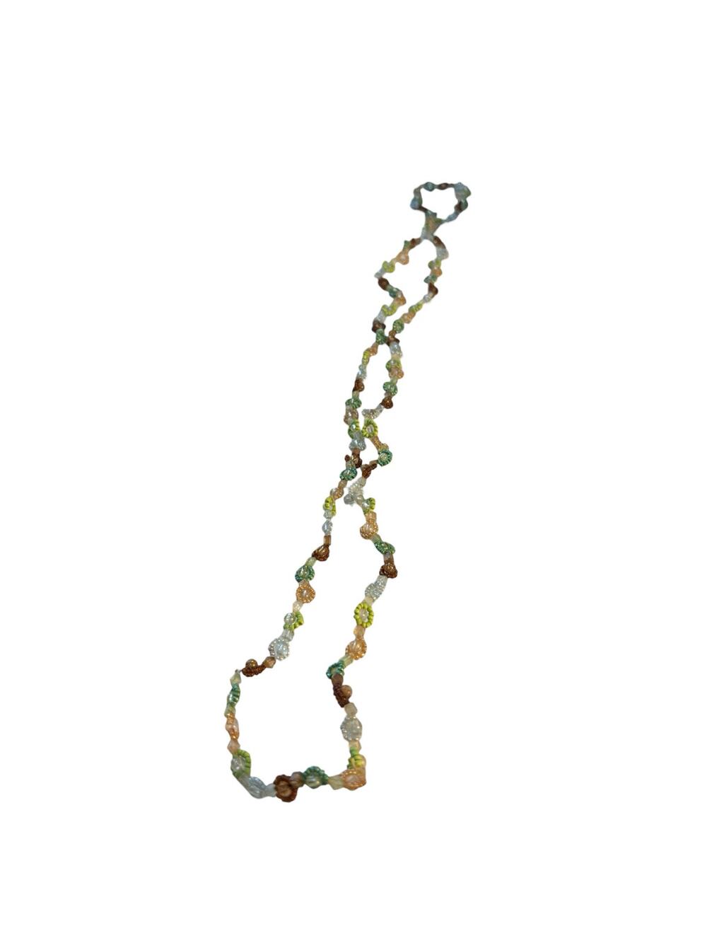 Vintage Handmade Beaded Necklace Floral Glass Seed Beads Green Brown Long Strand